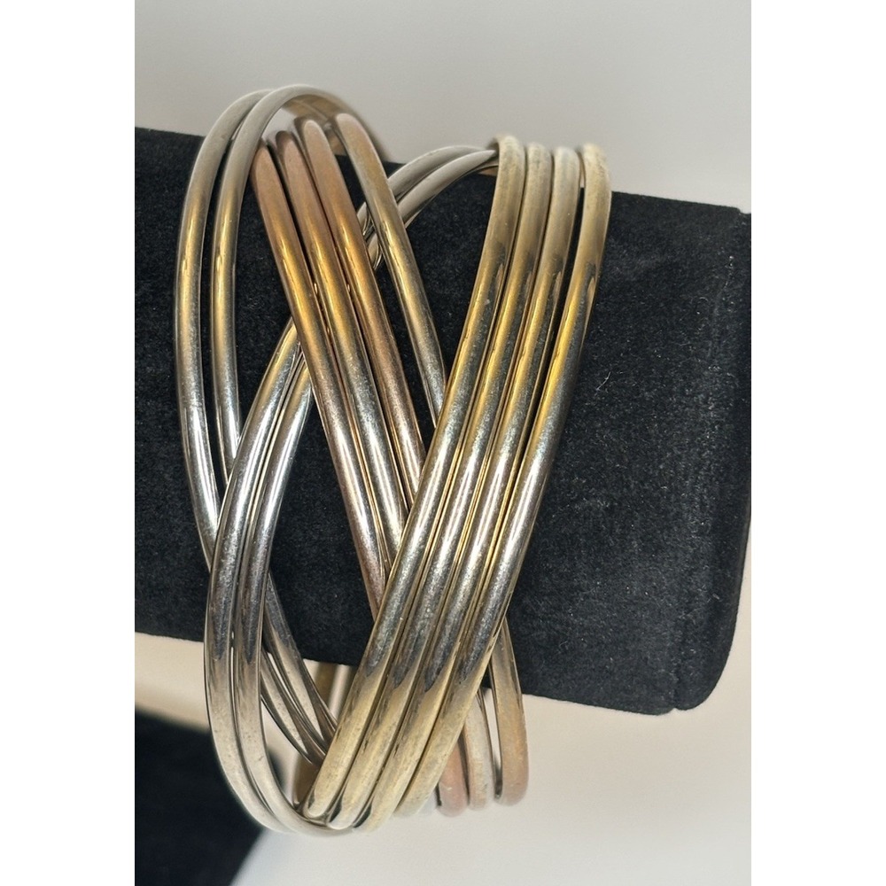 Vintage 12 Interlocking Bangles Bracelet Gold Silver Copper Tones